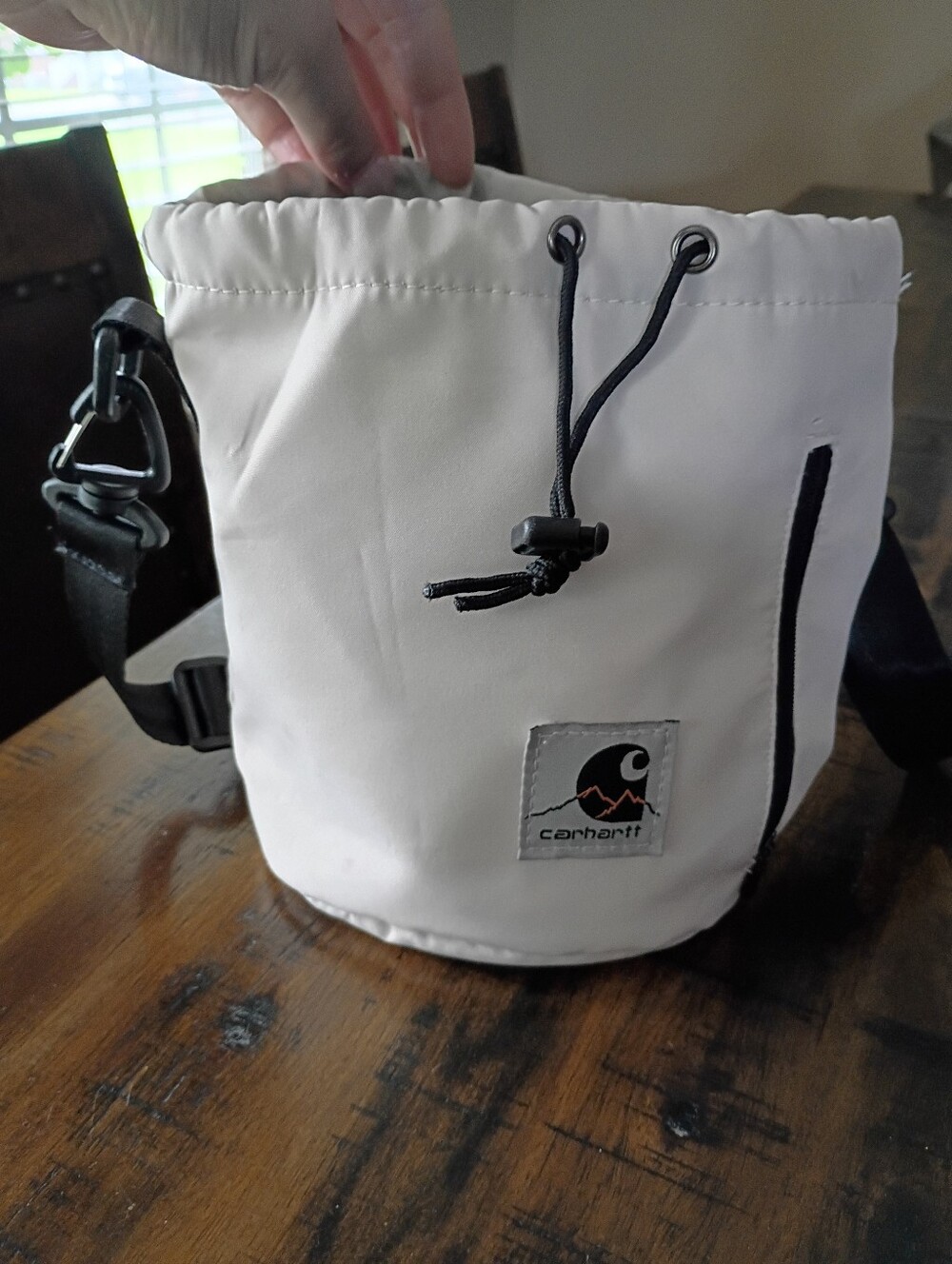 Carhartt White Bucket Drawstring Crossbody Bag with Black Accents